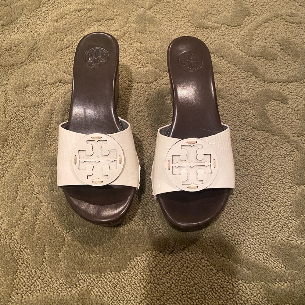 Tory Burch White Slide Wedges
